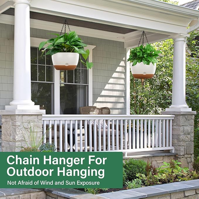 Hanging Planters for Indoor Plants, 2 Pack 8 Inch Self Watering Hanging Pots for Plants with Drainage Holes, Indoor Outdoor Hanging Flower Pots for Home Garden Ceiling Decor (White)