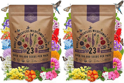 Organo Republic 23 Wildflower Seeds Annual & Perennial Mix for Indoor & Outdoors, Attract Birds & Butterflies 100,000+ Non-GMO, Heirloom Garden Seeds, 4oz Packet for Growing Wild Flowers (Pack of 2)