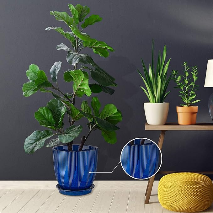 ADN 10 Inch Ceramic Planter Pot with Drainage Hole and Saucer,Large Round Plant pots for Indoor Outdoor Plants,Modern Flower pots, Navy