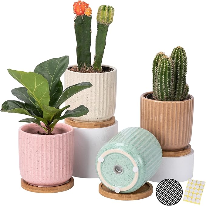 OMAYKEY 4 Inch Ceramic Plant Pot with Saucer, Adorable Stripe Multicolor Small Planters Pots with Drainage Hole & Mesh Pads for Succulent, Snake Plants, Cactus, Herbs - Set of 4