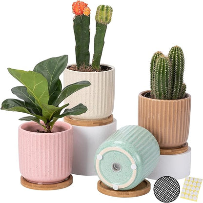 OMAYKEY 4 Inch Ceramic Plant Pot with Saucer, Adorable Stripe Multicolor Small Planters Pots with Drainage Hole & Mesh Pads for Succulent, Snake Plants, Cactus, Herbs - Set of 4