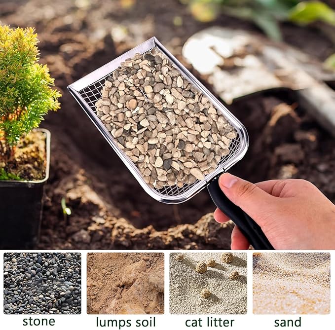 2pcs Gardening Soil Sifter,3.8/5mm Mesh Stainless Steel Sand Soil Compost Sieve and Rock Sieve with Handle for Gardening(Includes Gloves and Repotting Mat)