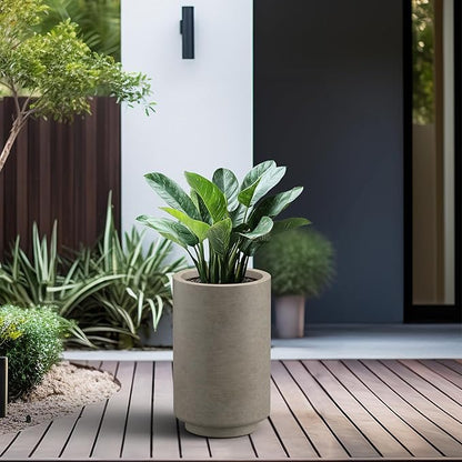 Kante 15.7 Inch Tall Concrete Planter, Round Pedestal Design Garden Pot for Indoor Outdoor Plants, Modern Garden Pot with Drainage Hole, Weathered Concrete Finish with Painted Interior