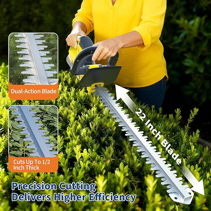Hedge Trimmer Cordless with Battery, Electric Hedge Trimmer, 22 Inch Handheld Bush Trimmers, with 2 20V 2.0Ah Batteries and Charger, Brushless Motor, Dual Safety Switch, for Gardening, Lawns
