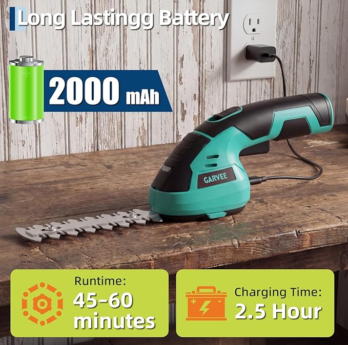 Garvee 2 in 1 Handheld 7.2V Electric Grass Trimmer Hedge Shears/Grass Cutter Rechargeable Lithium-Ion Battery and Type-C Cable Included Cordless Grass Shear & Shrubbery Trimmer