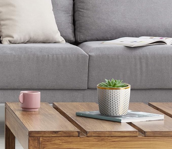 6 Inch Ceramic Plant Pot - Small White Planter with Gold Diamonds - Perfect for Succulents Like Jade & Cactus - Decorative Pebbles Included - Cute Flower Pots Indoor or Outdoor Home Décor
