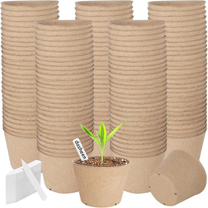 130 Pack Peat Pots, 4 Inch Plant Starter Round Nursery Pot with Drainage Holes, Seedling Nursery Box, Seed Starting Tray, Bulk Garden Germination Paper Pulp Container with 130 Plant Labels
