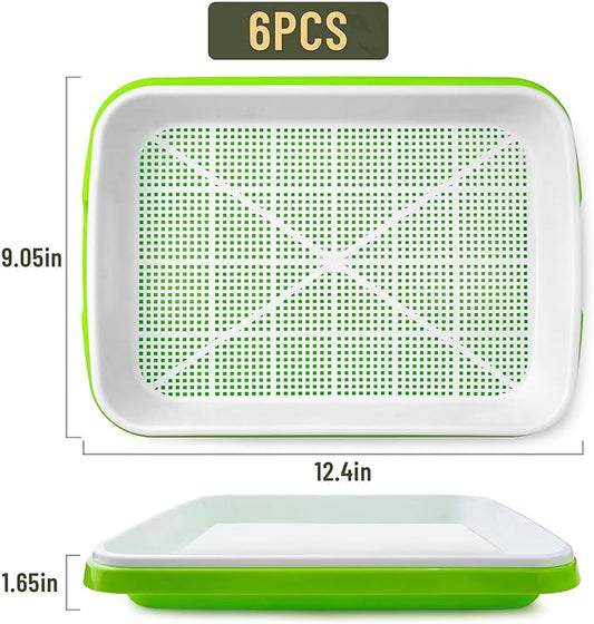 Pack 6 of Seed Sprouter Tray with Drain Holes,Seed Germination Tray Kit BPA Free Nursery,Soil-Free Wheatgrass Sprouter Microgreens Growing Kit (Green-6 Pack)