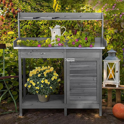 Topeakmart Garden Potting Bench Wooden Workstation Outdoor Wooden Potting Table W/Top Shelf & Lower Shelf & Cabinet Drawer & Open Shelf Gray