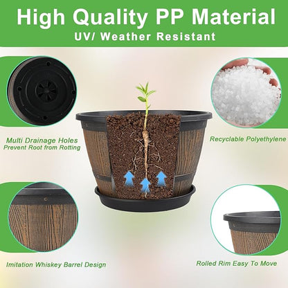 8-inch-Plant-Pots-Indoor-Outdoor, 4 Pack Whiskey Barrel Planters with Drainage Holes & Saucer, Plastic Flower Pots Imitation Wine Barrel Design, Decorative Garden Pots for Plants