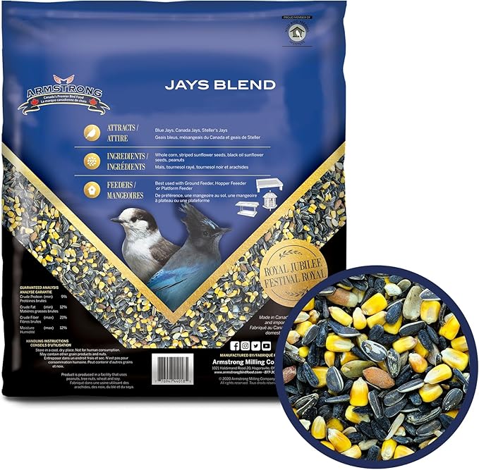Armstrong Wild Bird Food Royal Jubilee Jays Blend, 4 Pounds - with Whole Corn, Striped Sunflower, Black Oil Sunflower and Peanuts for Blue Jays - Ideal for Outside Feeders
