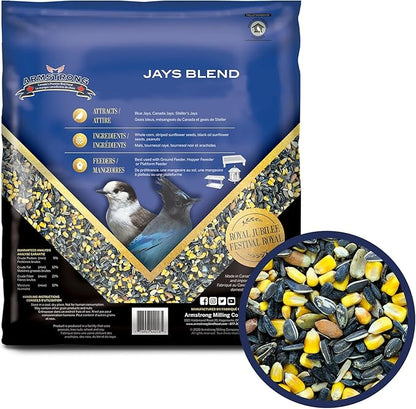 Armstrong Wild Bird Food Royal Jubilee Jays Blend, 4 Pounds - with Whole Corn, Striped Sunflower, Black Oil Sunflower and Peanuts for Blue Jays - Ideal for Outside Feeders