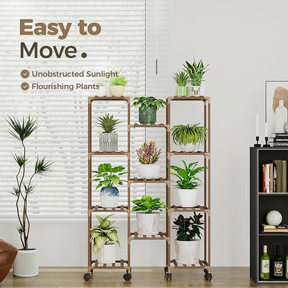 Bamworld Plant Stand With Wheels Indoor Outdoor Wood Plants Shelf for Multiple Plants 11 Pots,Tall Large Flower Holder for Living Room, Patio, Balcony, Garden