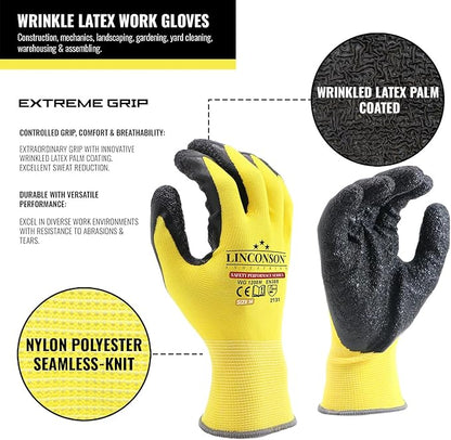 linconson 12 Pack Safety Performance Series Construction Mechanics Wrinkle Latex Work Gloves