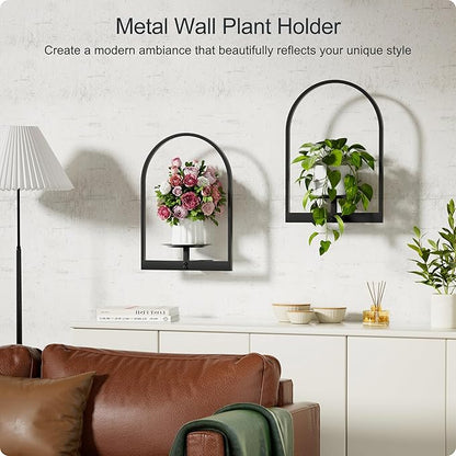 Black Metal Wall Plant Holder - 2-Pack Wall Mounted Plant Stands and Hanging Holders for Indoor Planter and Flower Pot - Arch Decor Shelf for Plant Storage (Pot Not Included)