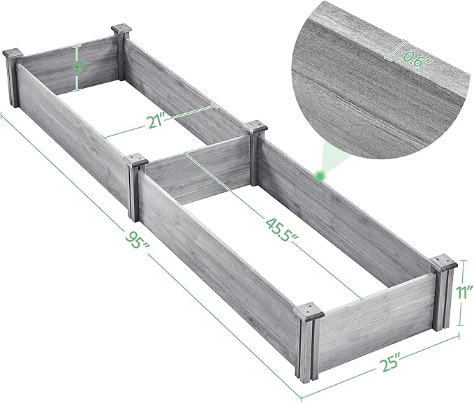 Topeakmart 95 x 25 x 11inches Wooden Elevated Raised Garden Bed 8x2ft Raised Kit Divisible - Garden Planter Boxes for Vegetables Outdoor Outside, Gray