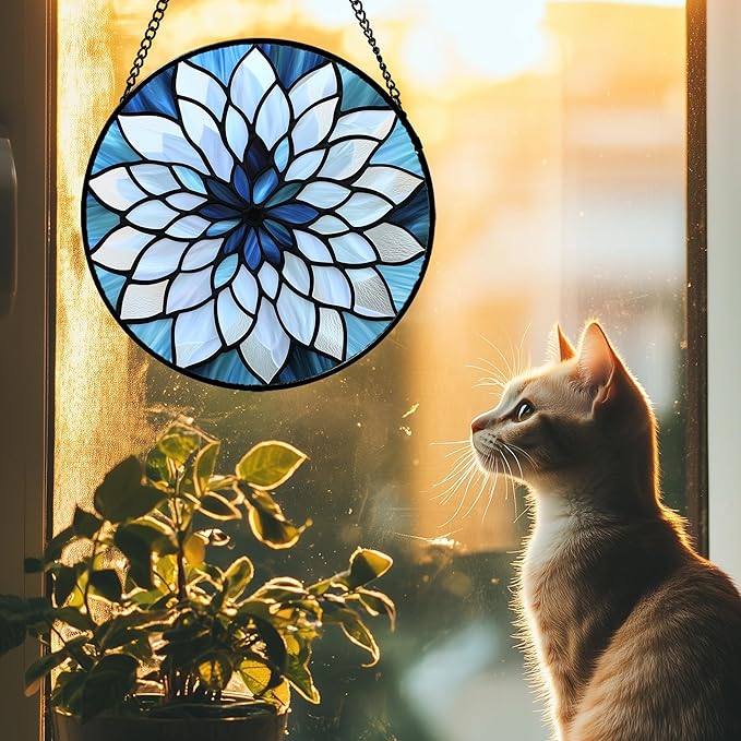 Stained Glass Suncatcher, Blue White Multi-Petal Flowers Sun Catcher Landscape Stain Glass Window Hanging Decoration Mother's Day Birthday Gifts for Women Men Mom Nana 11.8 in