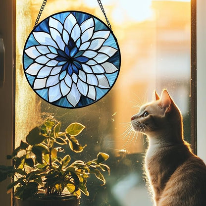 Stained Glass Suncatcher, Blue White Multi-Petal Flowers Sun Catcher Landscape Stain Glass Window Hanging Decoration Mother's Day Birthday Gifts for Women Men Mom Nana 11.8 in