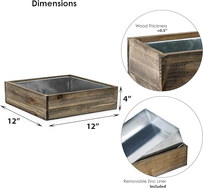 CYS EXCEL Wood Square Planter Box with Removable Zinc Metal Liner (H:4" Open:12"x12") | Multiple Size Choices Wooden Planters | Indoor Decorative Flower Box