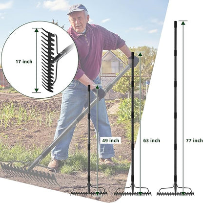 77'' Bow Rake ，17 Tines Metal Head Rakes with Stainless Steel Handle，Heavy Duty Garden Rake for Loosening Soil Gathering Leaf Leveling Lawn Farming Land Management Yarn Thatch Rake