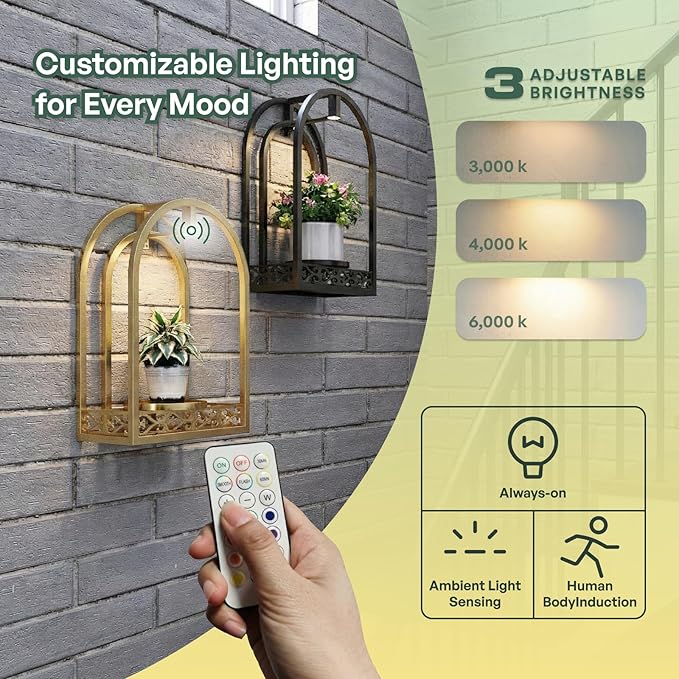 LED Grow Light Wall Hanging Planters with USB Power, Remote Control, Modern Decor for Indoor/Outdoor Plants, Living Room, Garden, Patio 2 Pack Gold