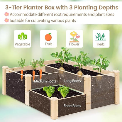 HAPPYGRILL 3-Tier Raised Garden Bed, Wood Elevated Planter Box w/Open-Ended Base, 3 Planting Depths& 2 Arrangement Options for Yard Lawn, Outdoor Planter Raised Beds for Vegetables Herbs Fruits