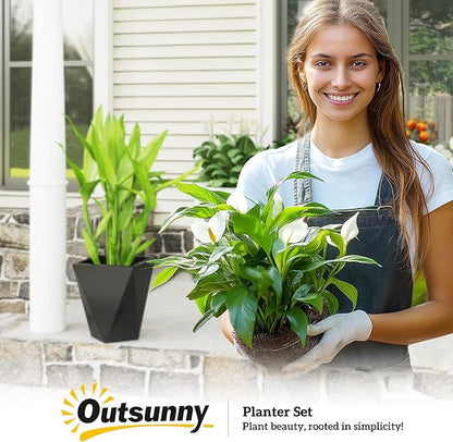 Outsunny Set of 3 Tall Planters, 18", 15.25", 11.75", MgO Indoor Outdoor Planters with Drainage Holes, Stackable Flower Pots for Garden, Patio, Balcony, Front Door, Black