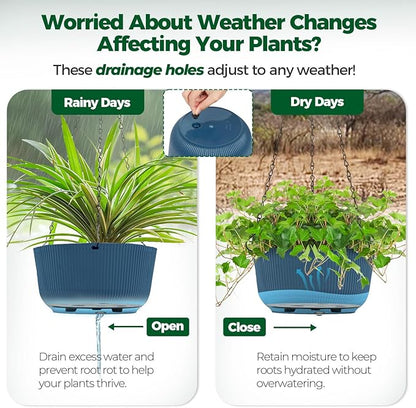 T4U 10 Inch Hanging Planters for Indoor Outdoor Plants, Hanging Baskets for Plants Pack of 2, Self Watering Hanging Pots with Drainage Hole for Garden Home Decor, Blue