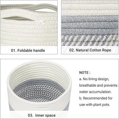 Dahey Jute Cotton Rope Plant Basket Mini Woven Storage Basket for Up to 7" Planter, Decorative Flower Pot Cover Closet Storage Bin Table Desk Organizer Modern Home Decor, Grey