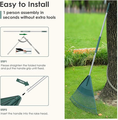ORIENTOOLS Garden Leaf Rake, Garden Rakes for Lawns Leaves with 65.7" Foldable Handle Rake, 26 Strong Tines Plastic Head Shrub Rake, Yard Garden Rake for Lawns, Grass, Flower Beds Leaves Cleaning
