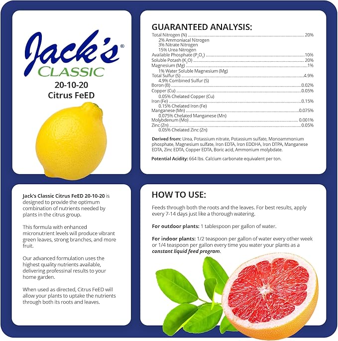 Jack's Classic 20-10-20 Citrus Feed Water-Soluble Fertilizer with Micronutrients to Provide Better Growth and Fruiting in Tropical Fruiting Plants, 1.5lbs