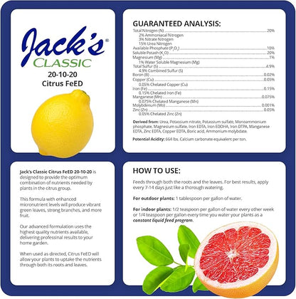 Jack's Classic 20-10-20 Citrus Feed Water-Soluble Fertilizer with Micronutrients to Provide Better Growth and Fruiting in Tropical Fruiting Plants, 1.5lbs