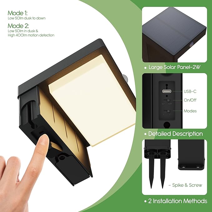 Solar Pathway Lights - Walkway Solar Lights for Outside - PIR Sensor & Two Lighting Modes - Rechargeable Battery Lasts Up To 55 Hours - 3000K - IP44 Weather Resistant - 4 Pack - 20.5" Height
