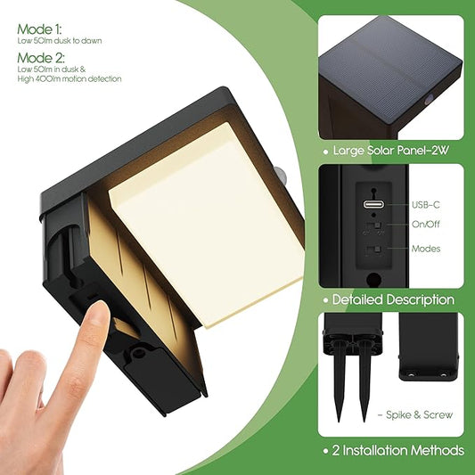 Solar Pathway Lights - Walkway Solar Lights for Outside - PIR Sensor & Two Lighting Modes - Rechargeable Battery Lasts Up To 55 Hours - 3000K - IP44 Weather Resistant - 4 Pack - 20.5" Height
