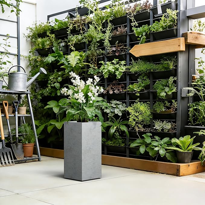 Kante 23.6" H Tall Rectangular Concrete Planter, Modern Square Diameter Plant Pot with Drainage Hole and Rubber Plug for Indoor Outdoor Home Patio Garden, Natural Concrete