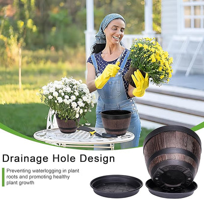 VECELO Plant Pots with Drainage Holes & Saucer, 9 Inch Flower Pots with Tray, 3 Pack Plastic Whiskey Barrel Planters for Indoor & Outdoor Garden Home Plants and Flowers