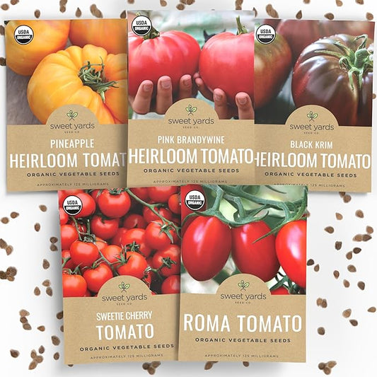 Organic Tomato Seeds Variety Pack - 5 Individual Packs - 2026 Season - Roma, Pink Brandywine, Sweetie Cherry, Black Krim & Pineapple. for Indoor & Outdoor Planting (Non-GMO, Certified Organic)