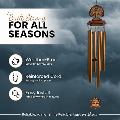 Wind Chimes Outdoor - Sympathy Gift for Loss of a Loved one, 36" Funeral Gift Includes a Letter from Heaven & Keepsake Keychain, Deep Toned, Double Sided Engraving Hexagonal Pendant - Golden