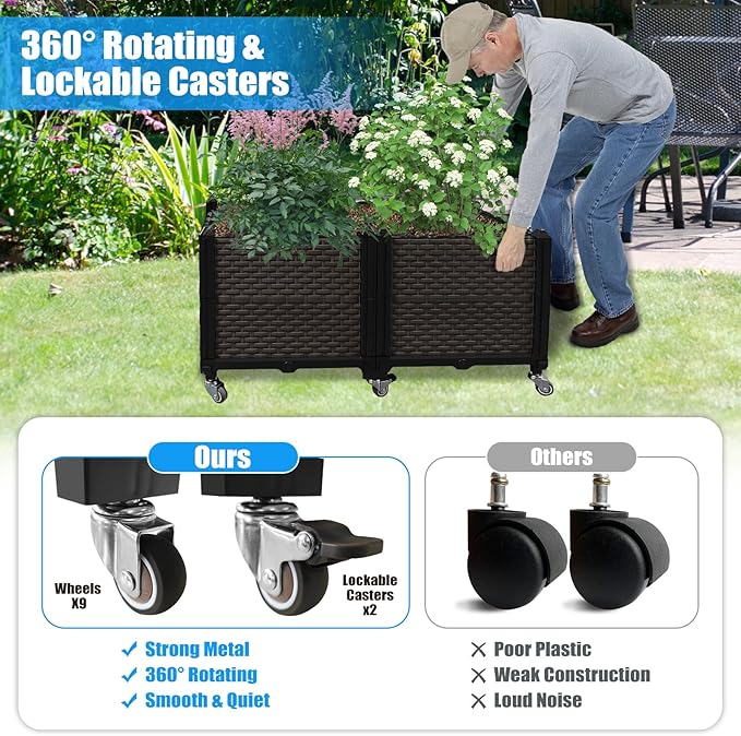 Raised Plant Box with Wheels 31.5"x15.7"x16.1", Raised Beds for Gardening Self Watering, Durable Metal Lockable Casters, Rectangular Garden Planter Perfect for Garden Patio Balcony Deck