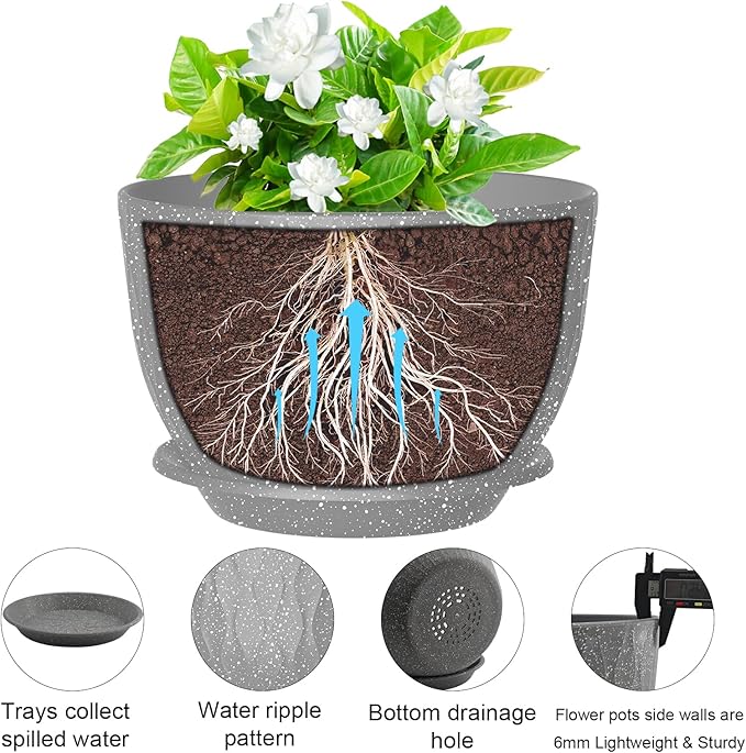 12 Inch Large Plant Pots, Flower Pots with Multi-Mesh Drainage Holes and Saucer, Plastic Planters for Indoor and Outdoor Garden Plants (Speckled Grey, 12")
