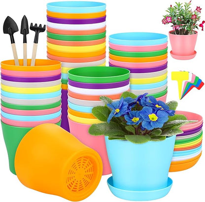 48 Pack Plastic Planters 5.5 Inch Flower Plant Pots Indoor Set Thickened Seedling Nursery Pots Seed Starting Pots with Drainage Holes Saucers Mini Garden Tool for Home Office Garden, Multicolor