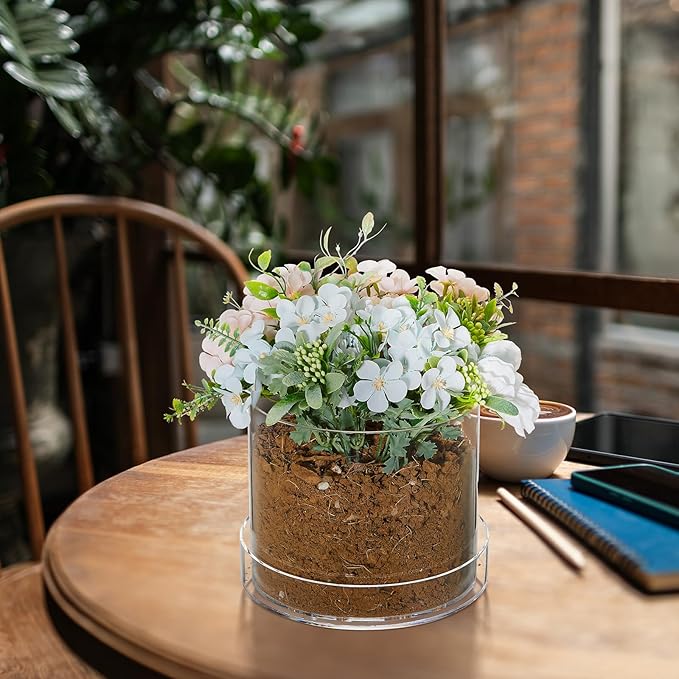 Clear Plant Nursery Pots Acrylic Orchid Pots with Drainage Holes and Tray Transparent Planter for Indoor Plants, Succulents, Herb, Flowers and Cactus Decorative(8 Inches,Circle)