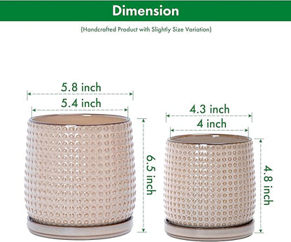 D'vine Dev 6 Inch 4 Inch Ceramic Indoor Planter Pots with Drainage Hole and Saucer, Beaded Design Flower Pots, Set of 2, Light Brown, 27-D-U-4