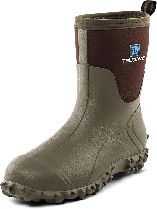 Trudave Rubber Boots for Men, 6mm Neoprene Insulated Mud Boots with Steel Shank, Men's Mid Calf Waterproof Rain Boots,Anti-Slip Rubber Work Boots for Farming Gardening Fishing,Size 7-13