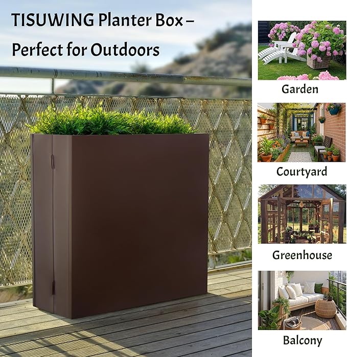Metal Planter Box, No Installation Galvanized Steel Folding Rectangular Planter with Drainage Holes, 35.5"x 10"x 28" Brown Outdoor Planter for Porch/Patio/Garden