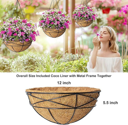 4 Pack 12 Inch Hanging Planters for Outdoor Plants Metal Watering Flower Baskets with Coco Liner for Hanging Pot Round Plant Holders Planter for Outside Garden Decoration