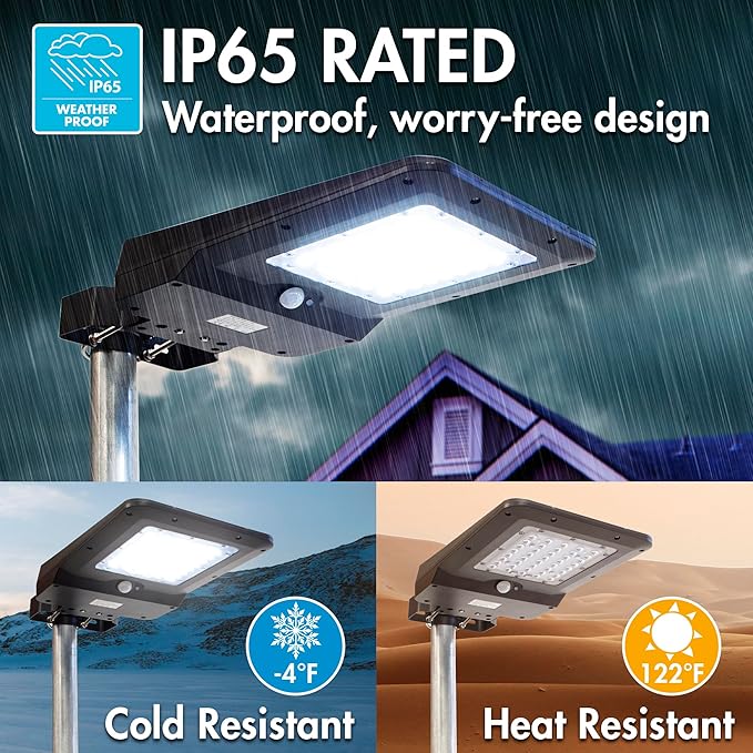 Wagan EL8586 1600 Lumen Integrated Solar Street Lamp Security Flood Light Motion Sensor Waterproof Weatherproof Dusk to Dawn Solar LED Light Lamp for Outdoor Garden Yard Path Parking Lot