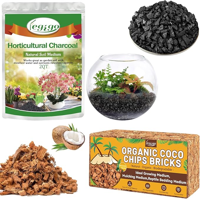 Legigo 2QT Horticultural Charcoal & 1.1 LB Coco Chips for Plants- Organic Coconut Coir Chips Brick and Hardwood Biochar Soil for Potting Mix and Indoor/Outdoor Gardening