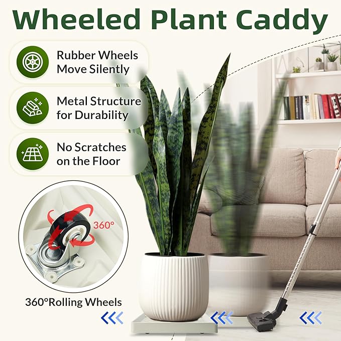 2PCS Square Plant Caddy with Hidden Wheels, Heavy Duty Rolling Plant Stand Caddy with Wheels, Pot Base for Indoor Outdoor, Beige, 14 inches