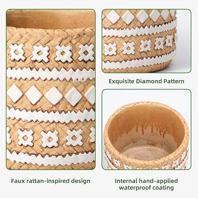Concrete Rattan-Style Plant Basket Planter, 5" Plant Pots Indoor Outdoor with Drainage Hole, Boho Flower Pot for Succulents, Herbs, Modern Farmhouse Decor, Ideal Gift for Plant Lovers